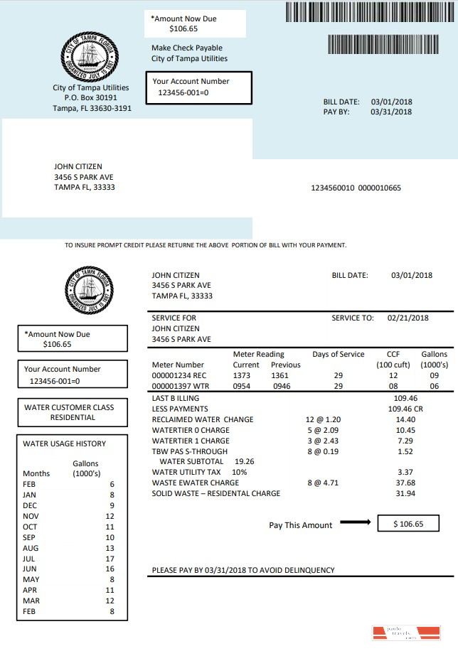USA Florida water utility bill template in Word and PDF format
